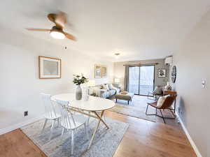 Dining room with light wood finished floors and a ceiling fan
