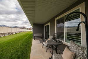 View of patio with a mountain view