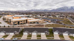 Aerial view of residential area with mountains