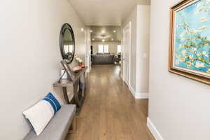 Hall featuring wood-type flooring and recessed lighting