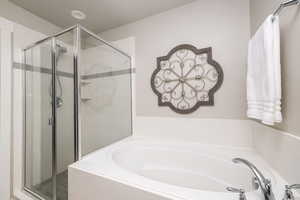 Bathroom with a stall shower and a garden tub