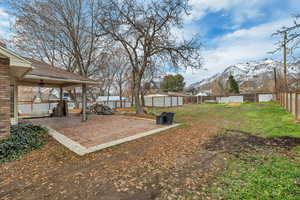 View of yard with a patio area, a mountain view, and an outbuilding
