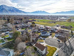 Aerial view of residential area with a mountain backdrop