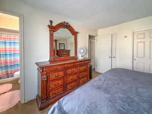 Bedroom with carpet floors, a textured ceiling, and multiple closets