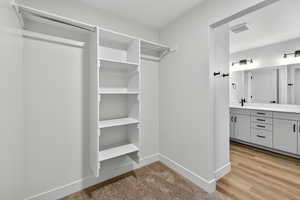 Walk in closet with light colored carpet and light wood-style flooring