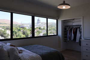 Bedroom featuring a closet, dark wood-style floors, a mountain, and a capitol view