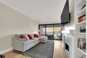 Living room with a fireplace.