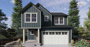 View of front facade with board and batten siding, an attached garage, a porch, and concrete driveway