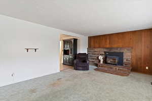 Living room with wood walls, carpet floors, and a fireplace