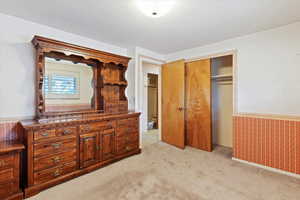 Bedroom with wainscoting, light carpet, and a closet