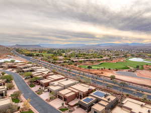 Aerial perspective of suburban area with mountains