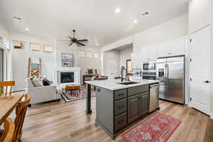 Kitchen with white cabinets, stainless steel appliances, a glass covered fireplace, gray cabinetry, and an island with sink