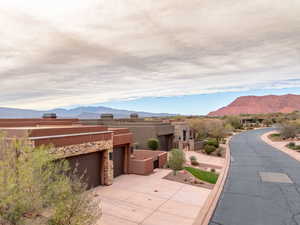 View of patio with a mountain view