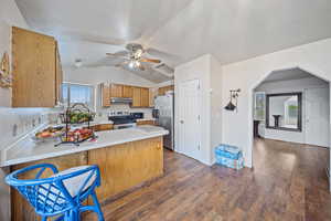 Kitchen featuring light countertops, stainless steel appliances, lofted ceiling, a ceiling fan, and a peninsula