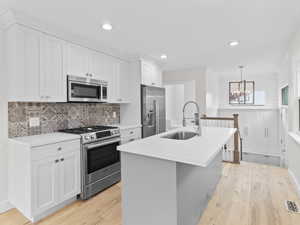 Kitchen featuring stainless steel appliances, a chandelier, a center island with sink, white cabinets, and pendant lighting