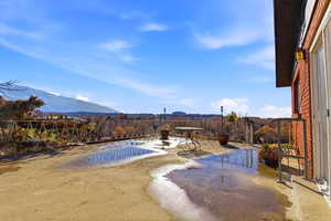 View of swimming pool with a mountain view