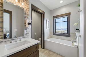 Full bath featuring vanity, a garden tub, and wood finish floors