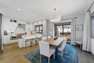 Dining room with recessed lighting, plenty of natural light, and light wood finished floors