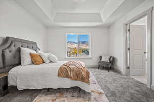 Bedroom featuring carpet flooring, a tray ceiling, and a mountain view
