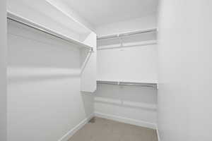 Walk in closet featuring light carpet