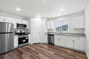 Kitchen featuring stainless steel appliances, white cabinetry, dark wood-style flooring, and recessed lighting