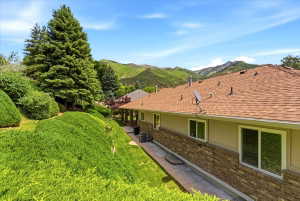 Expansive rear yard featuring mature evergreen trees and tiered landscaping
