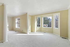 Empty room featuring decorative columns, plenty of natural light, crown molding, and carpet floors