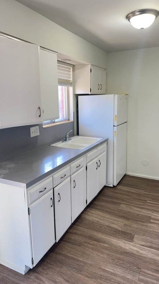 Kitchen with white cabinets, freestanding refrigerator, dark wood-style flooring, and dark countertops