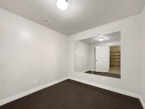 Carpeted empty room featuring baseboards and a textured ceiling