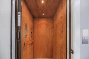 Detailed view of wood ceiling, recessed lighting, and elevator