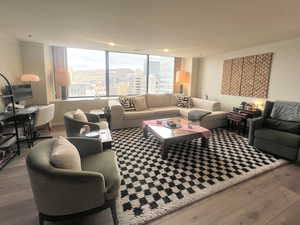 Living area featuring wood finished floors and a view of city