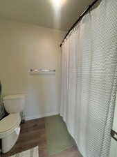 Bathroom with a shower with curtain and dark wood-style floors
