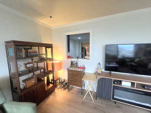 Living room with light wood-style floors and crown molding