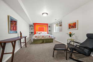 Large basement bedroom #4 with built-in bookshelves and large north facing window