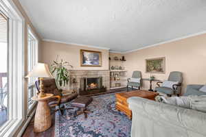 Living room with stone mantel, gas fireplace, built-in bookshelves & crown molding