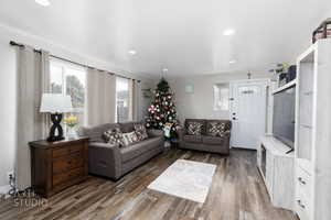 Living area with dark wood finished floors and recessed lighting