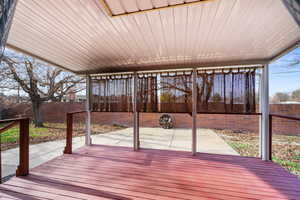 Wooden terrace with a fenced backyard