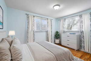Bedroom with light wood-style floors and multiple windows