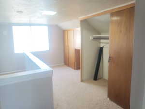 Hallway with light colored carpet and vaulted ceiling
