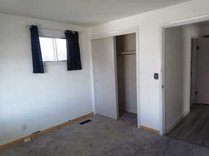 Unfurnished bedroom with carpet flooring and a closet