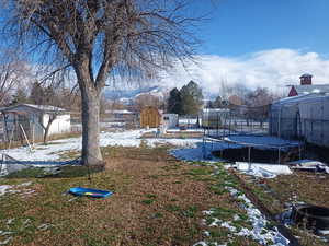 Yard layered in snow with a trampoline and a storage shed