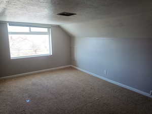 Bonus room with a textured ceiling, lofted ceiling, and carpet floors