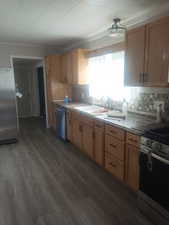 Kitchen with light wood finish cabinetry, stainless steel appliances, and dark wood-style flooring