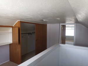 Hall with carpet flooring, a textured ceiling, and lofted ceiling