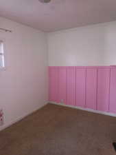 Spare room with a wainscoted wall, dark carpet, and a decorative wall