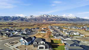 Aerial view of residential area with a mountainous background