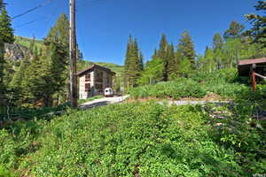 View of yard with a wooded view and an outbuilding