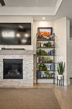 Living room with a fireplace and recessed lighting