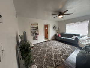 Living area featuring ceiling fan, dark wood finished floors, and built in shelves