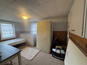 Bedroom featuring carpet floors and wooden walls